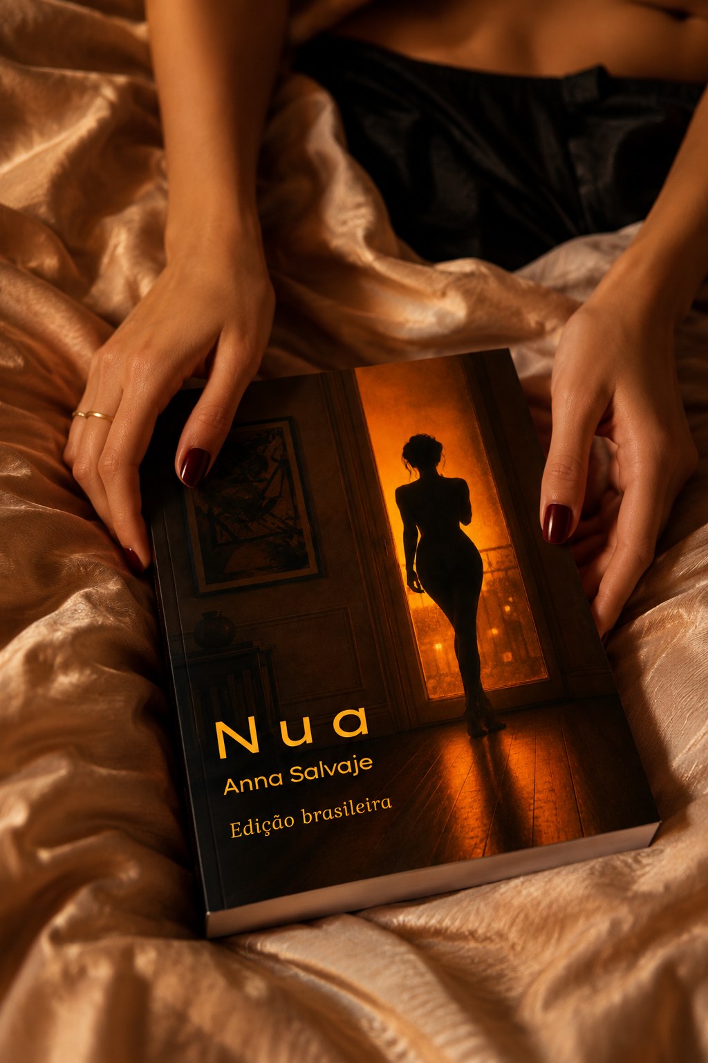 O livro Nua nas mãos, sobre lençóis cor de champanhe