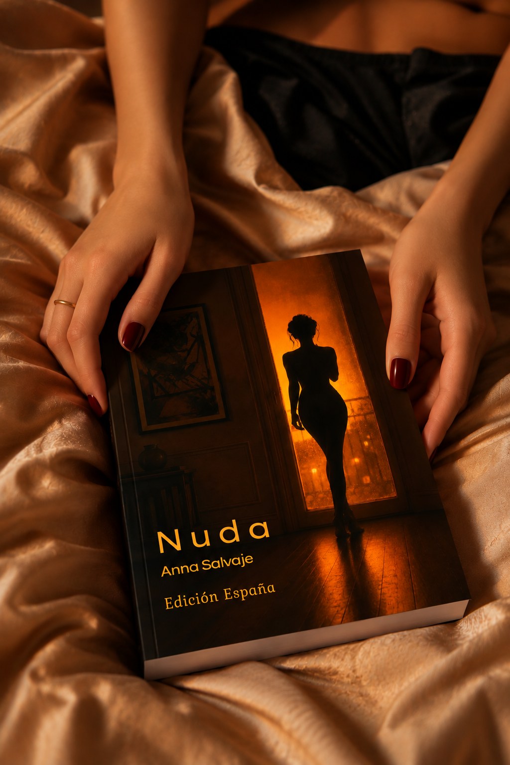 El libro Nuda, Edición España, sostenido por dos manos sobre sábanas color champán