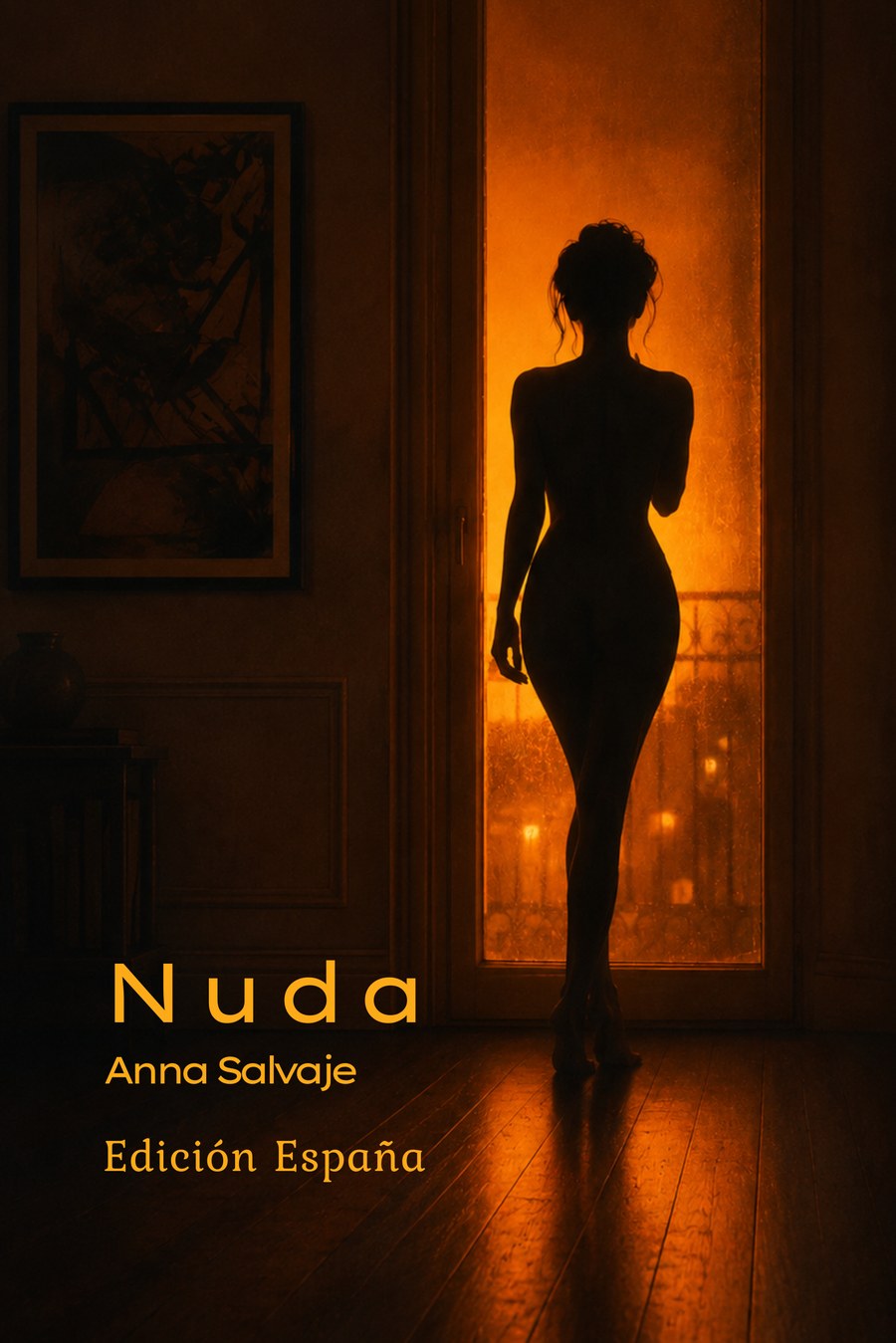 Portada de Nuda, Edición España: silueta de mujer a contraluz frente a un ventanal, luz ámbar