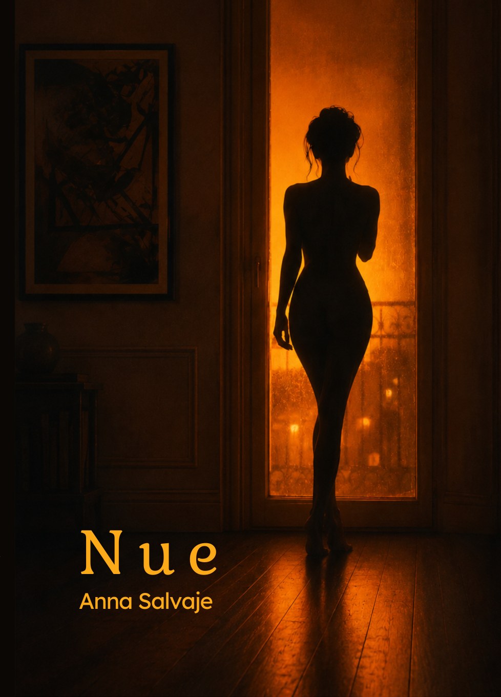 Couverture de Nue : silhouette de femme à contre-jour devant une porte-fenêtre, lumière ambrée