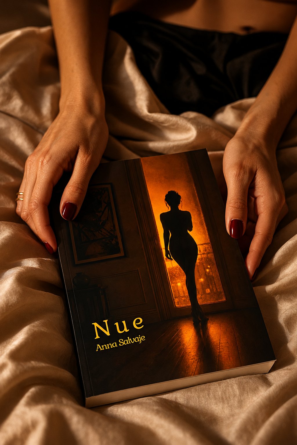 Le livre Nue tenu par deux mains sur des draps couleur champagne